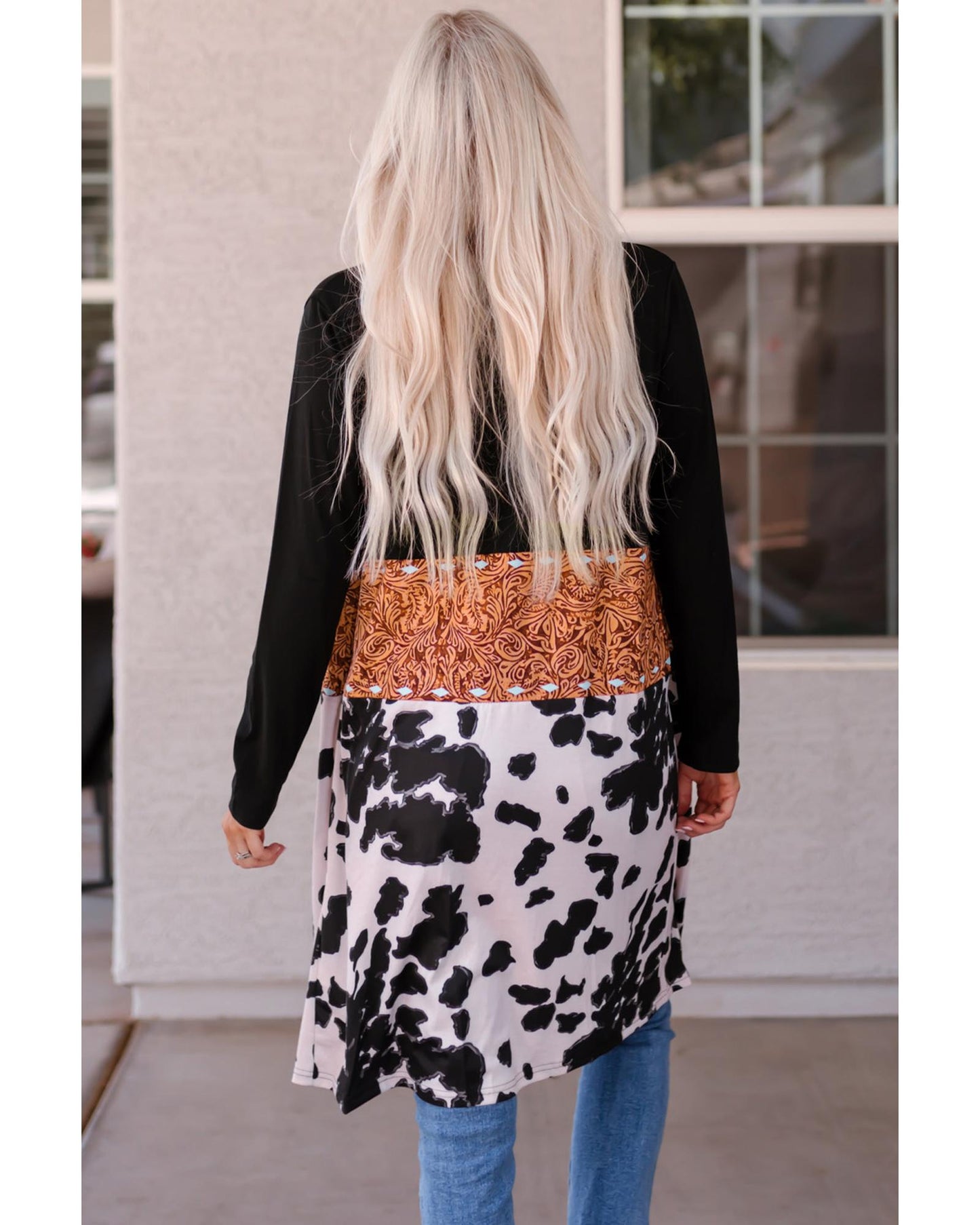 Black Western Pattern Cow Patchwork Open Front Cardigan - S