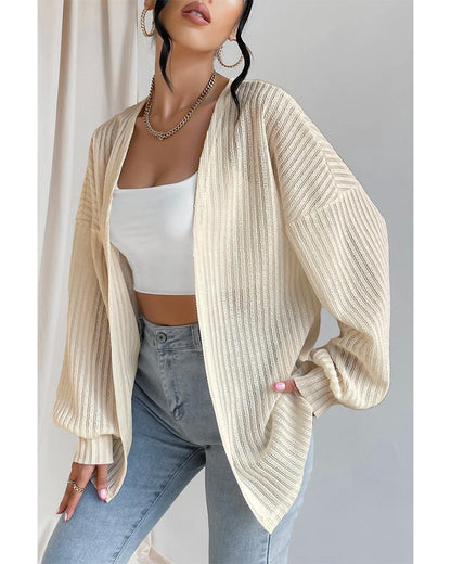 Beige Textured Lantern Sleeve Open Kimono - S