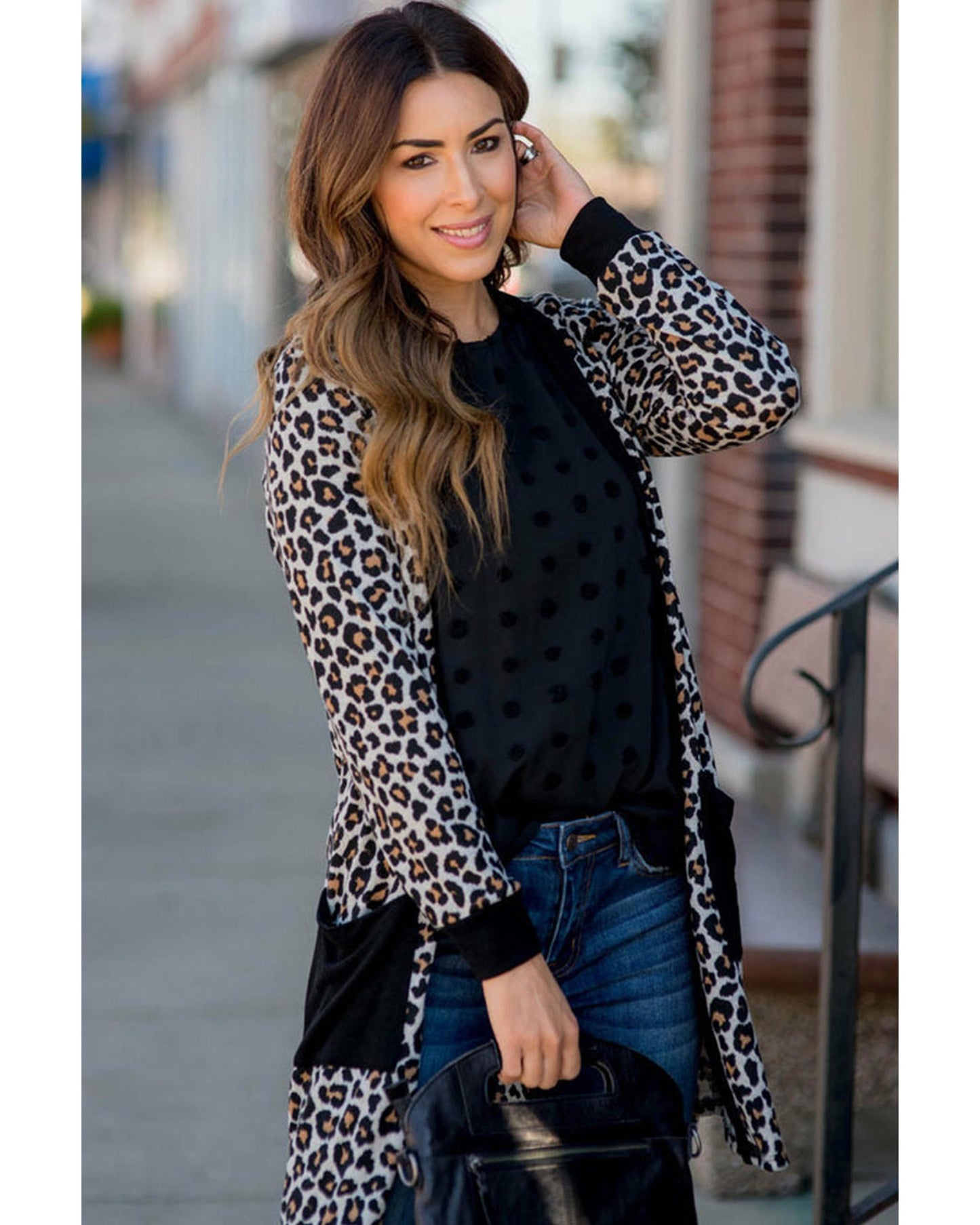 Black Leopard Patched Pocket Open Front Cardigan - L