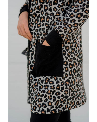 Black Leopard Patched Pocket Open Front Cardigan - XL