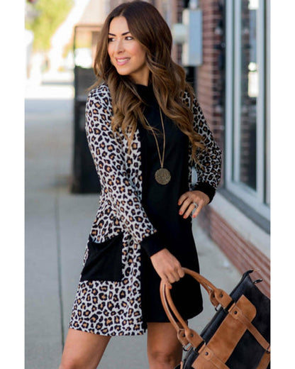 Black Leopard Patched Pocket Open Front Cardigan - XL