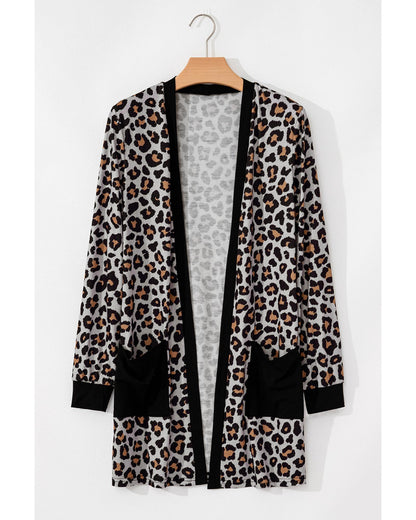 Black Leopard Patched Pocket Open Front Cardigan - XL