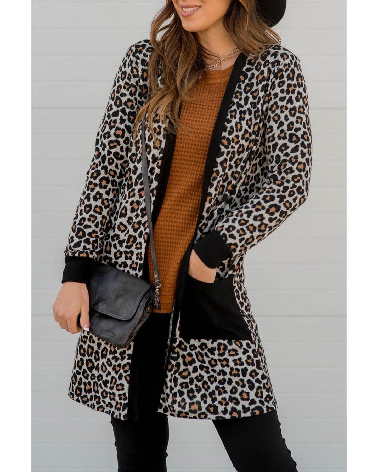Black Leopard Patched Pocket Open Front Cardigan - XL