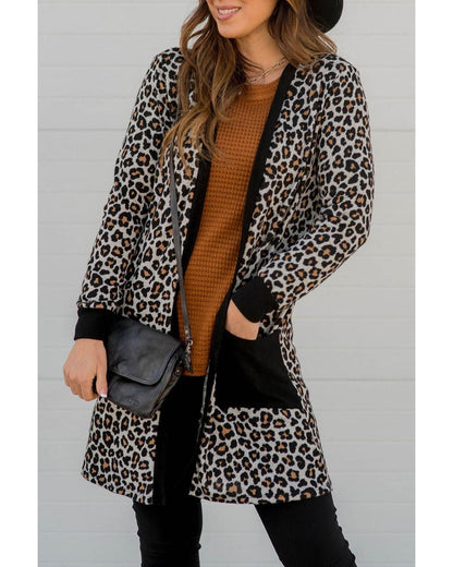 Black Leopard Patched Pocket Open Front Cardigan - XL