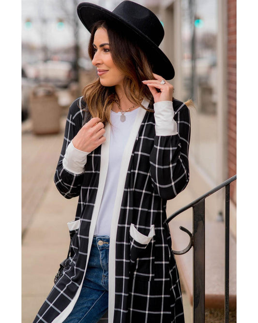 Black Plaid Colorblock Edge Open Cardigan with Pocket - S