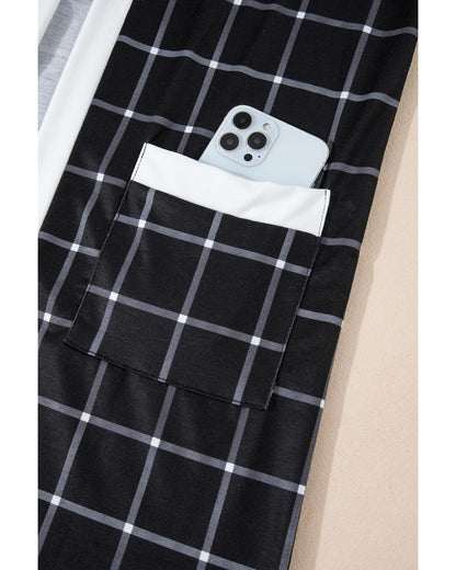 Black Plaid Colorblock Edge Open Cardigan with Pocket - S