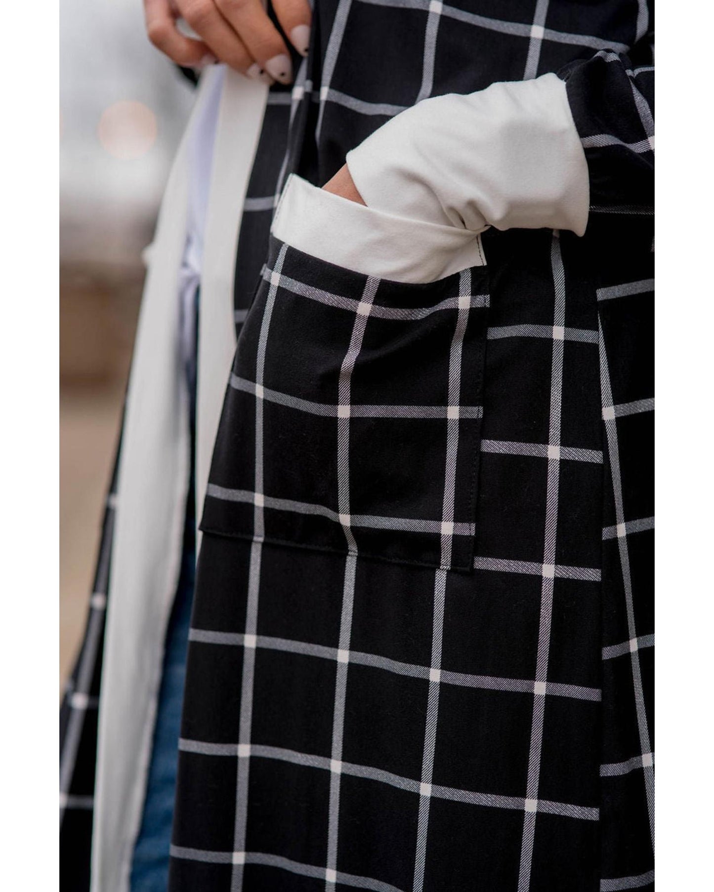 Black Plaid Colorblock Edge Open Cardigan with Pocket - S