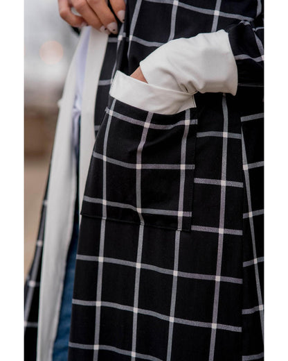 Black Plaid Colorblock Edge Open Cardigan with Pocket - S