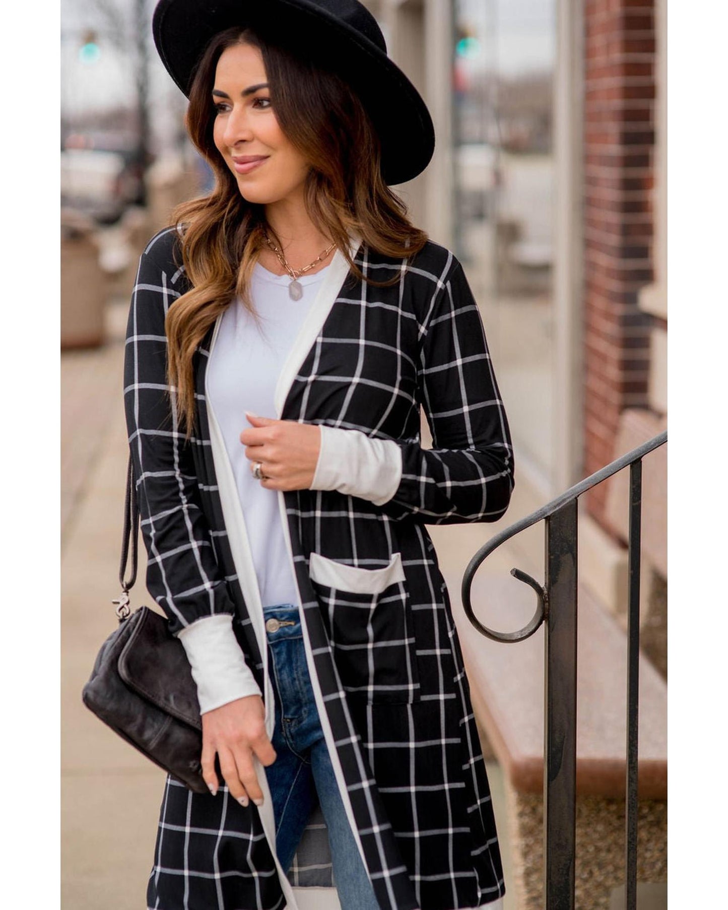 Black Plaid Colorblock Edge Open Cardigan with Pocket - S