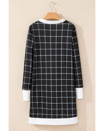 Black Plaid Colorblock Edge Open Cardigan with Pocket - S