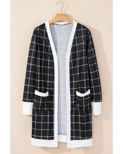 Black Plaid Colorblock Edge Open Cardigan with Pocket - XL