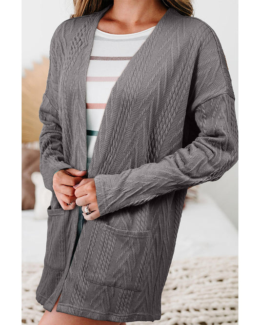 Medium Grey  Solid Textured Open Front Cardigan with Pocket - L