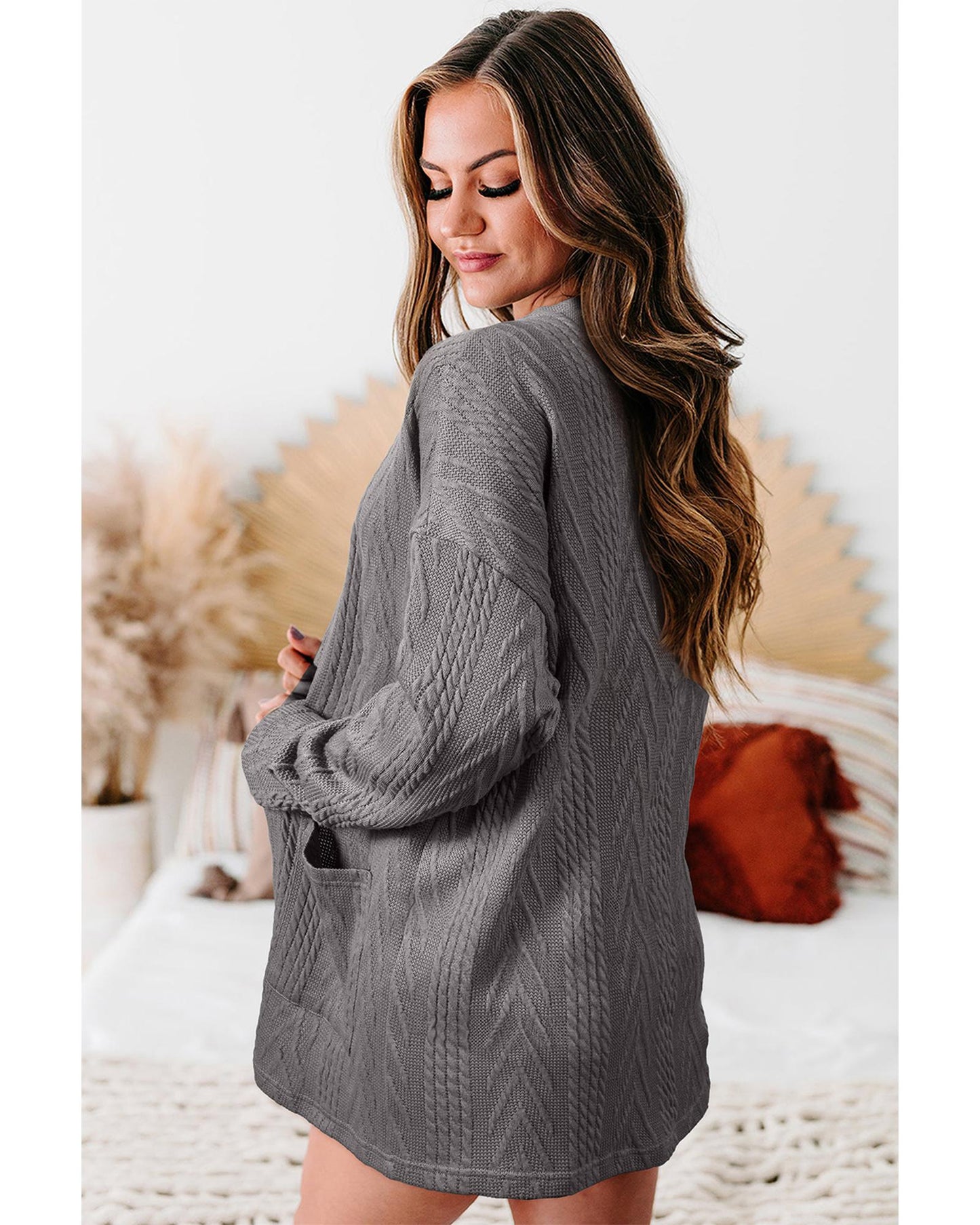 Medium Grey  Solid Textured Open Front Cardigan with Pocket - L