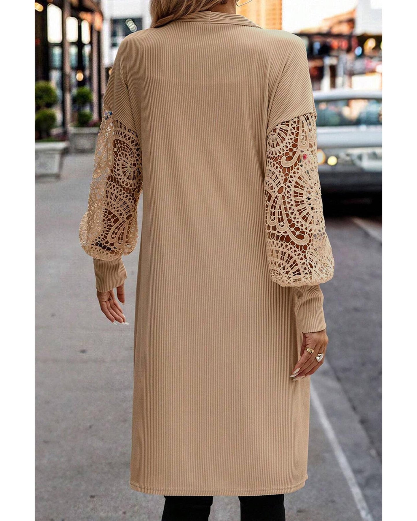 Parchment Lace Patchwork Ribbed Knit Open Front Duster Cardigan - M