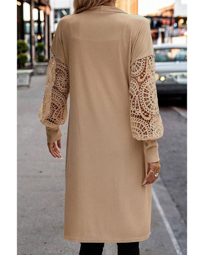 Parchment Lace Patchwork Ribbed Knit Open Front Duster Cardigan - M