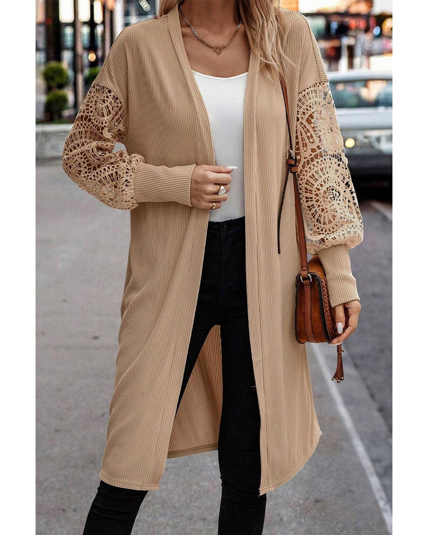 Parchment Lace Patchwork Ribbed Knit Open Front Duster Cardigan - M