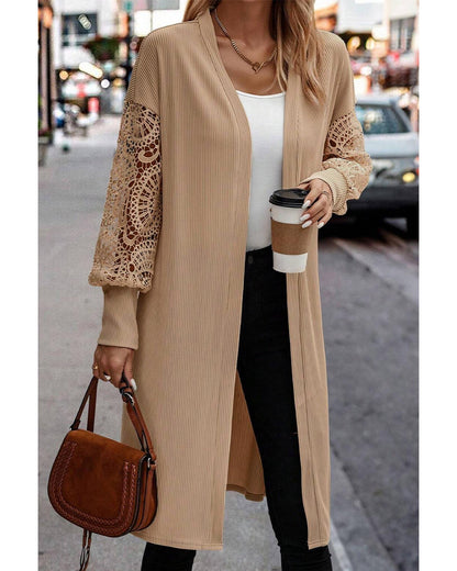 Parchment Lace Patchwork Ribbed Knit Open Front Duster Cardigan - M