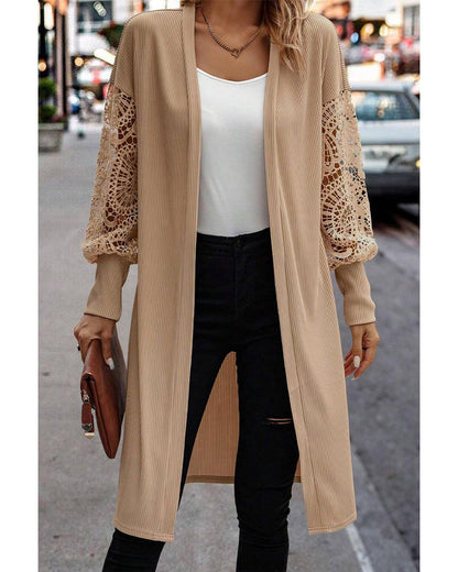 Parchment Lace Patchwork Ribbed Knit Open Front Duster Cardigan - M