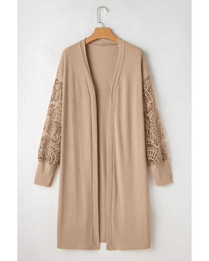 Parchment Lace Patchwork Ribbed Knit Open Front Duster Cardigan - M