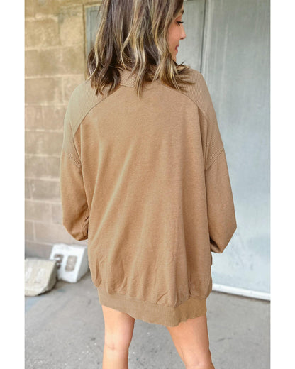 Light French Beige Ribbed Edge Exposed Seam Knit Cardigan with Pockets - M