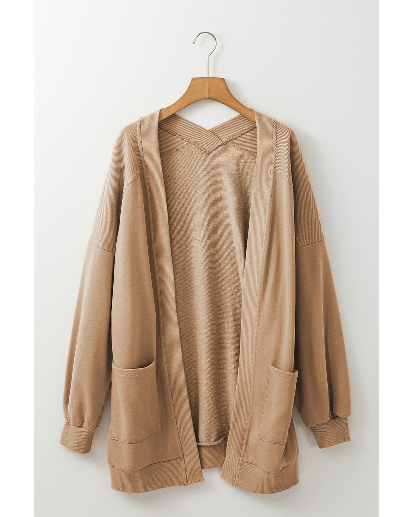 Light French Beige Ribbed Edge Exposed Seam Knit Cardigan with Pockets - S