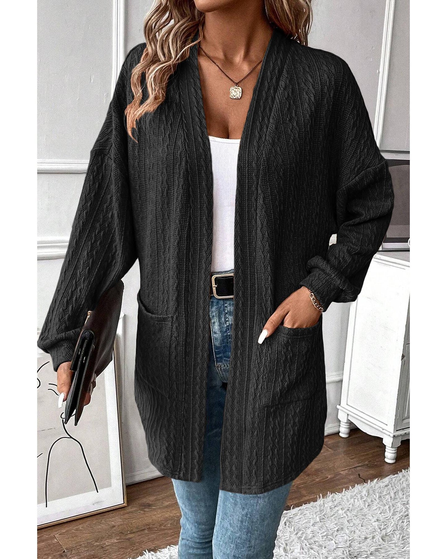 Black Textured Knit Side Pockets Open Front Cardigan - S
