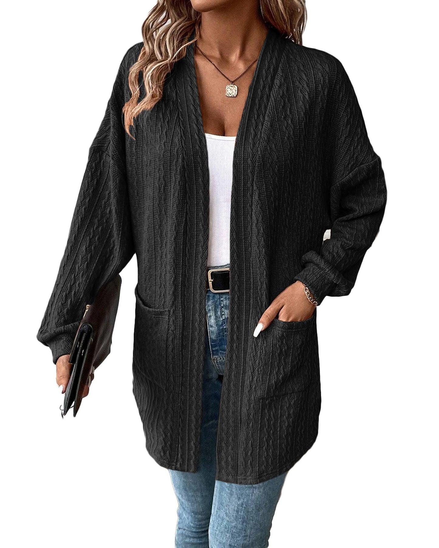Black Textured Knit Side Pockets Open Front Cardigan - S