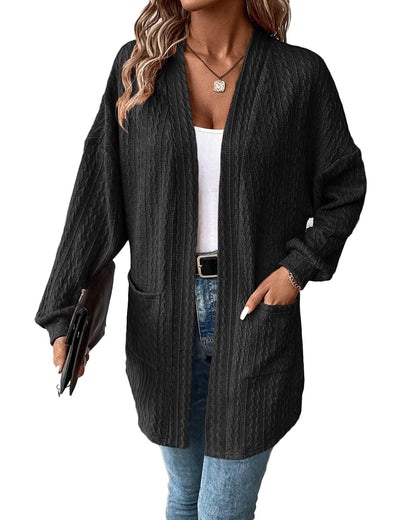 Black Textured Knit Side Pockets Open Front Cardigan - S