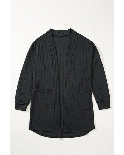 Black Textured Knit Side Pockets Open Front Cardigan - S