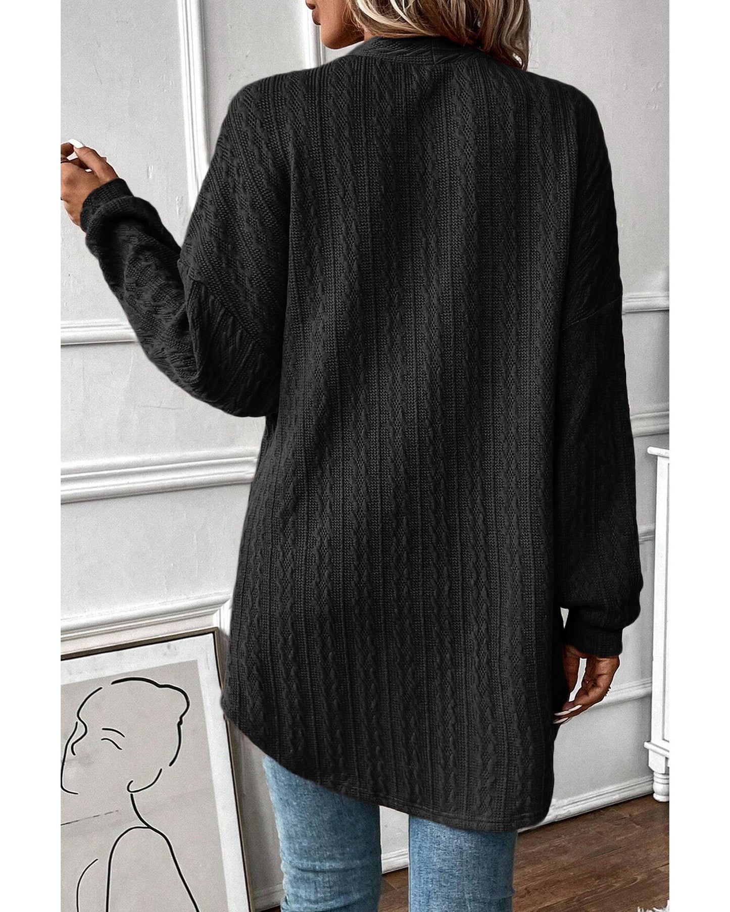 Black Textured Knit Side Pockets Open Front Cardigan - S