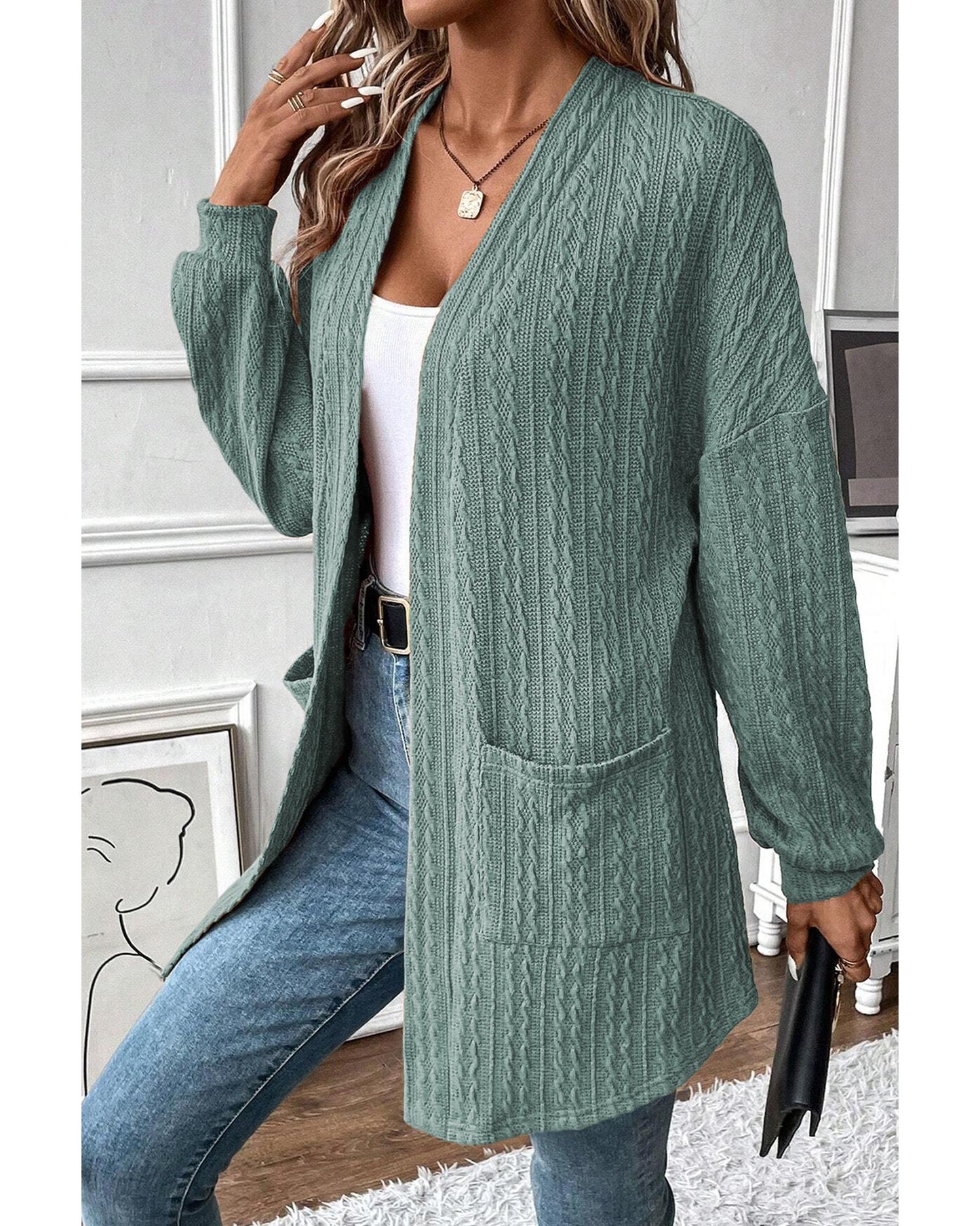 Canton Textured Knit Side Pockets Open Front Cardigan - S