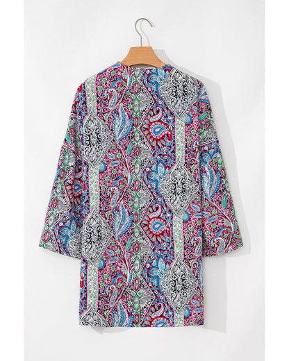 Red Paisley Print Open Front Kimono - L