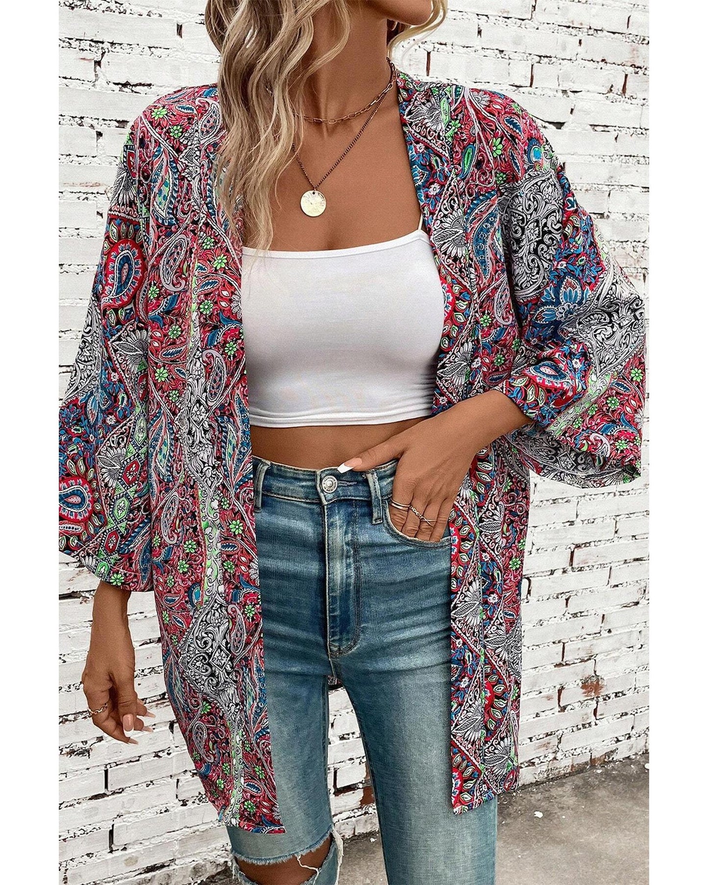 Red Paisley Print Open Front Kimono - L