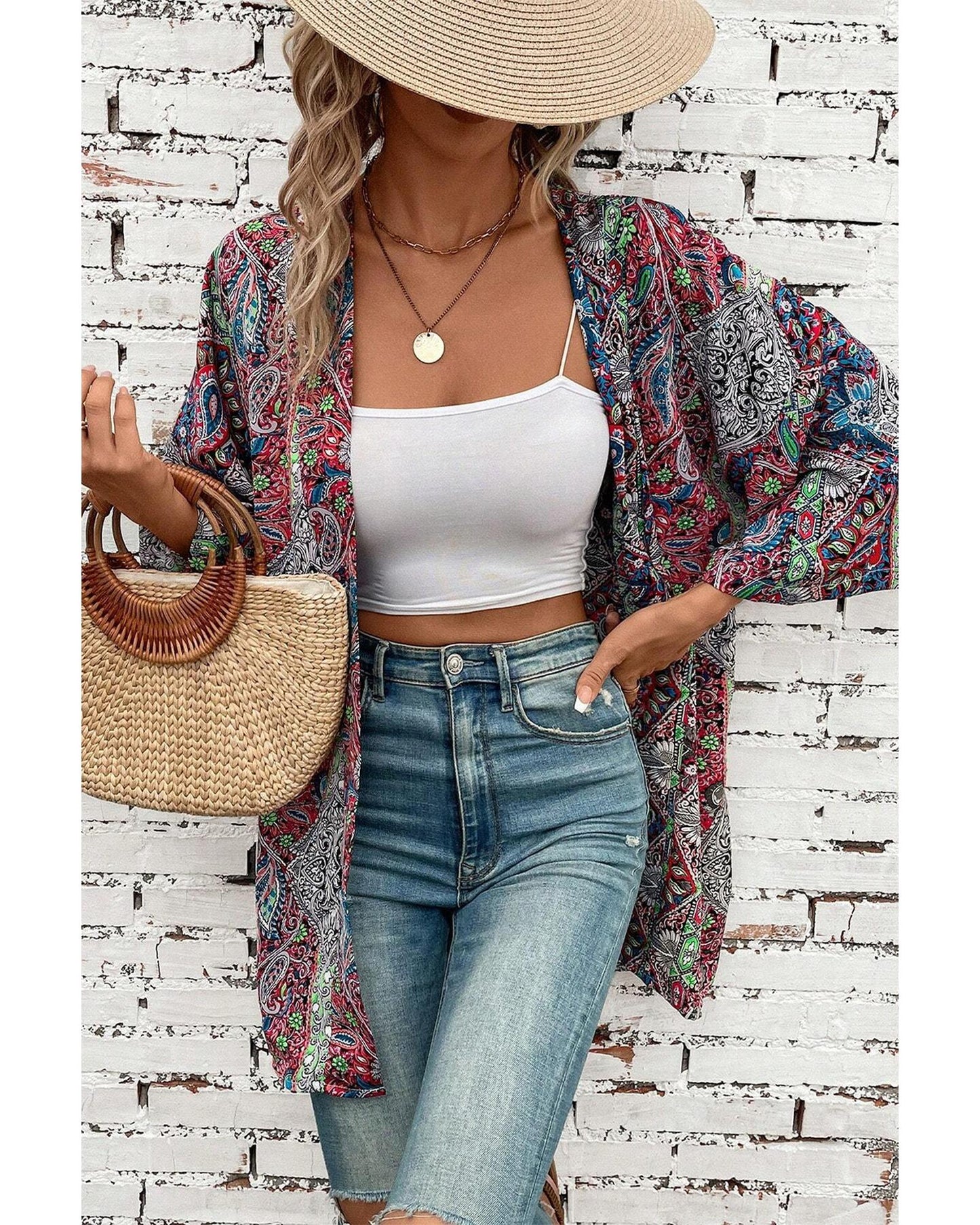 Red Paisley Print Open Front Kimono - L