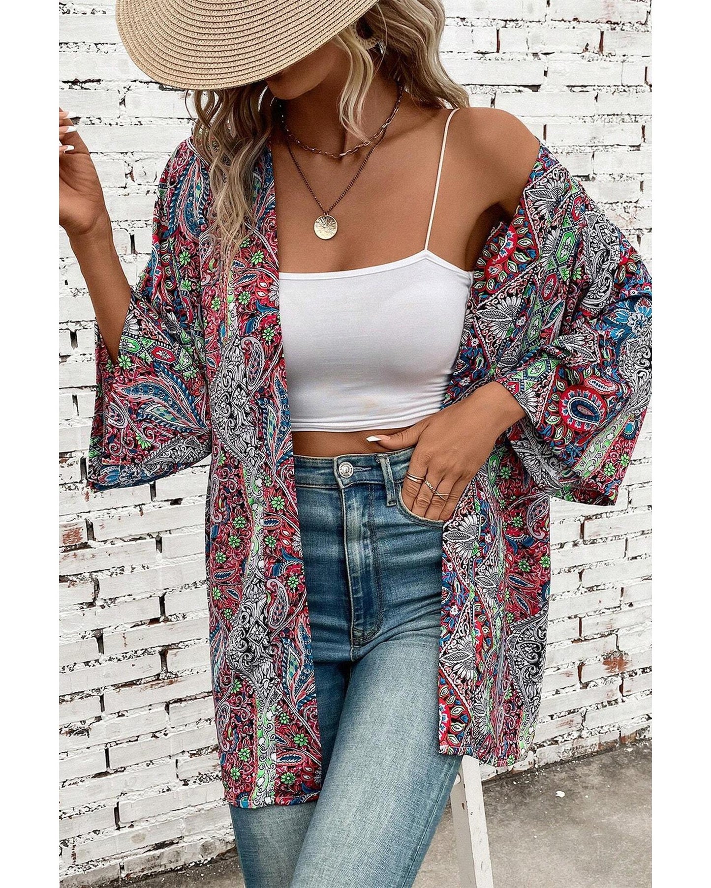 Red Paisley Print Open Front Kimono - L