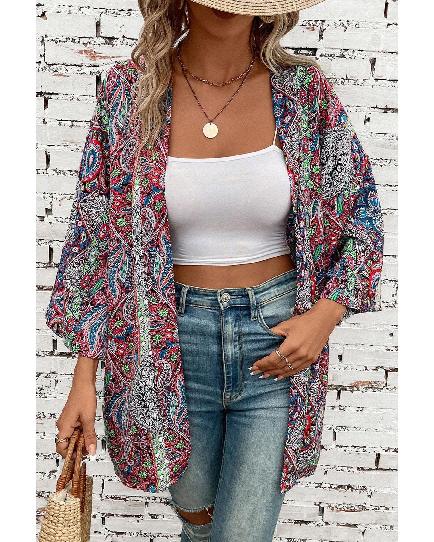 Red Paisley Print Open Front Kimono - L