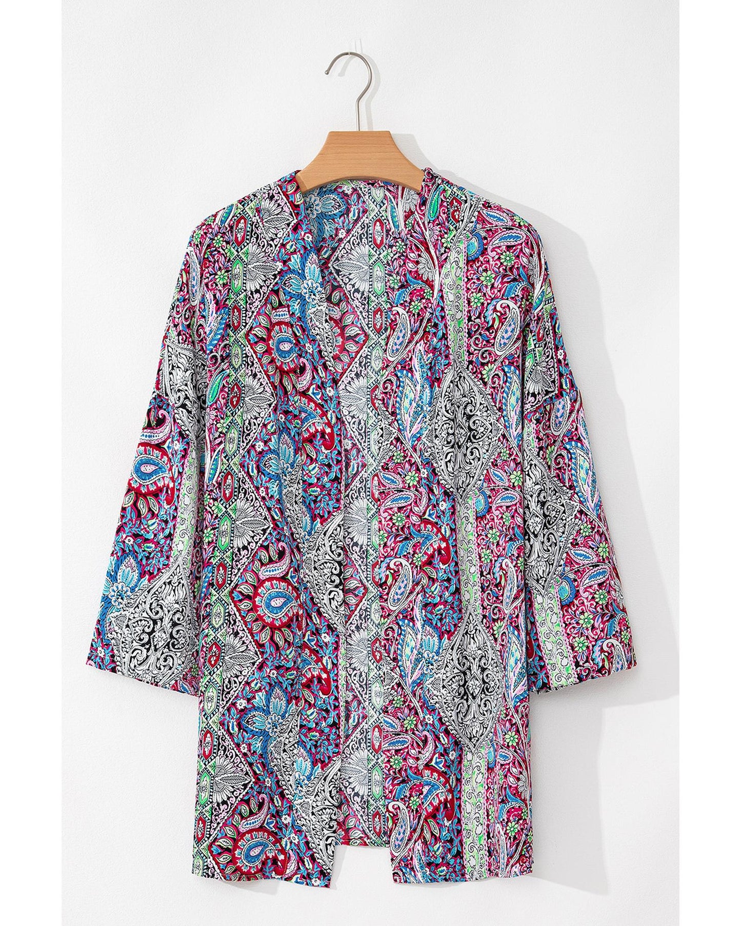 Red Paisley Print Open Front Kimono - M