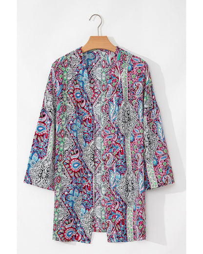 Red Paisley Print Open Front Kimono - M