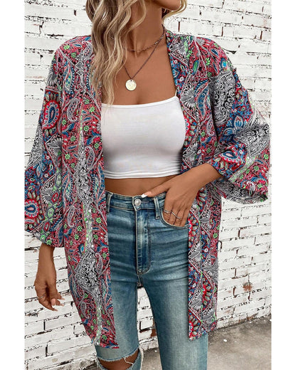 Red Paisley Print Open Front Kimono - M