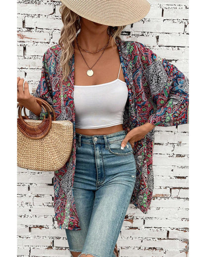 Red Paisley Print Open Front Kimono - M