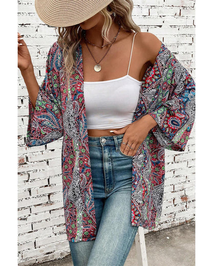 Red Paisley Print Open Front Kimono - M