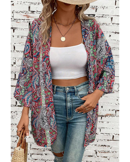 Red Paisley Print Open Front Kimono - M
