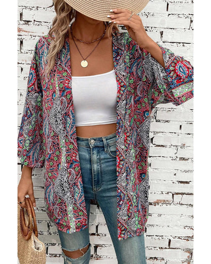 Red Paisley Print Open Front Kimono - M