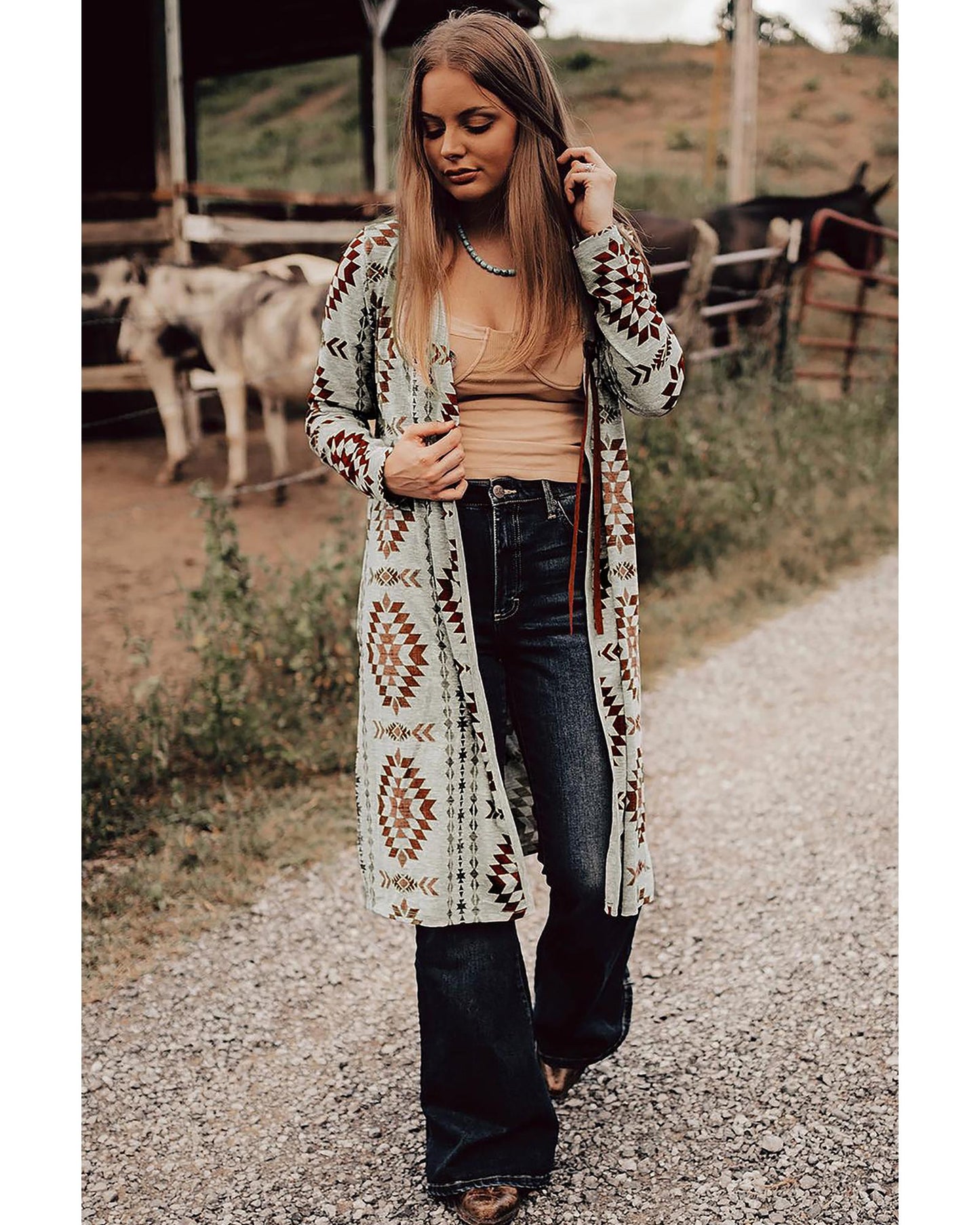 Brown Western Aztec Printed Open Front Long Cardigan - L