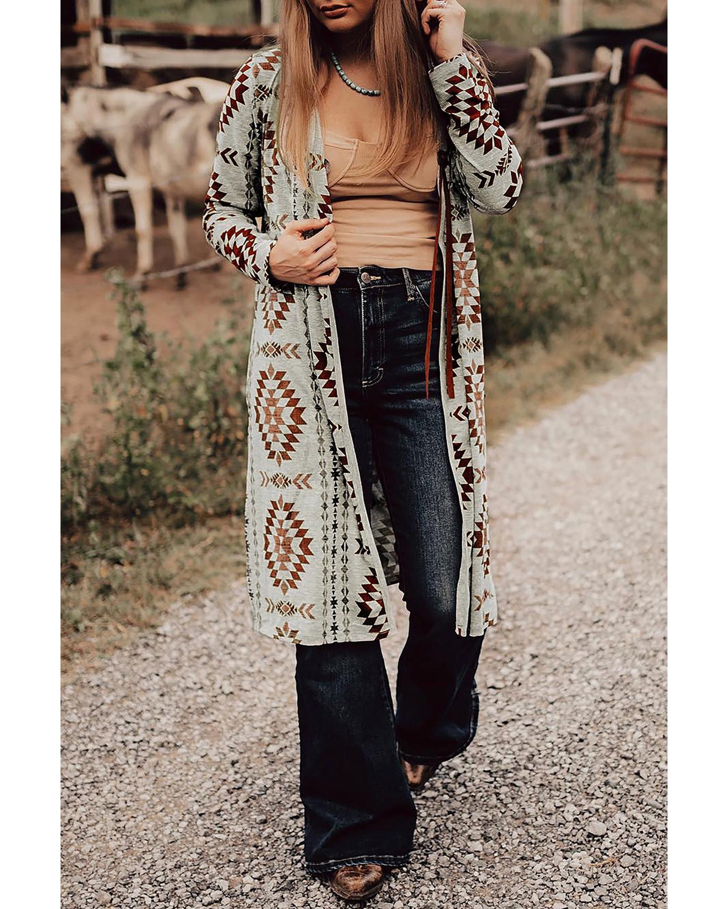 Brown Western Aztec Printed Open Front Long Cardigan - L