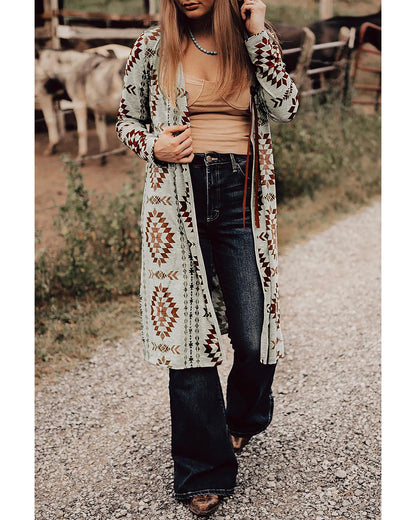Brown Western Aztec Printed Open Front Long Cardigan - L