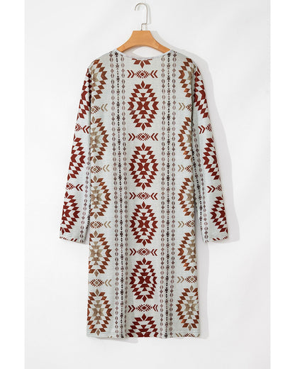 Brown Western Aztec Printed Open Front Long Cardigan - XL