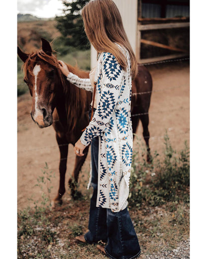 Sky Blue Western Aztec Printed Open Front Long Cardigan - M