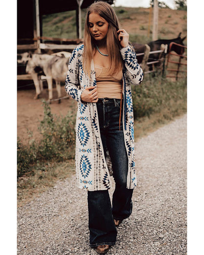 Sky Blue Western Aztec Printed Open Front Long Cardigan - M