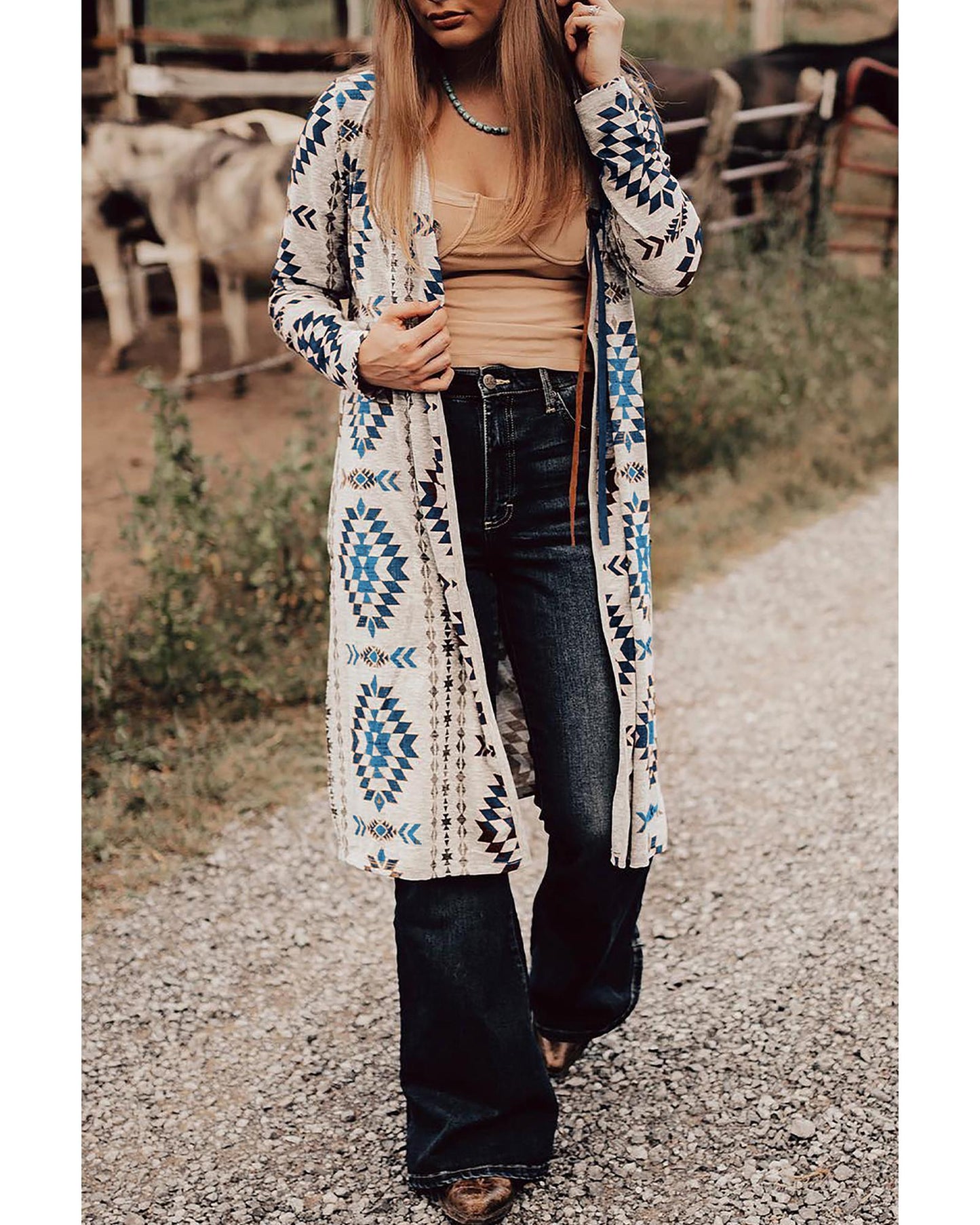 Sky Blue Western Aztec Printed Open Front Long Cardigan - M